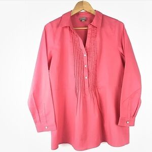 J. Jill Pintuck Pleated Peasant Button Front Long Sleeve Tunic Top Size M coral